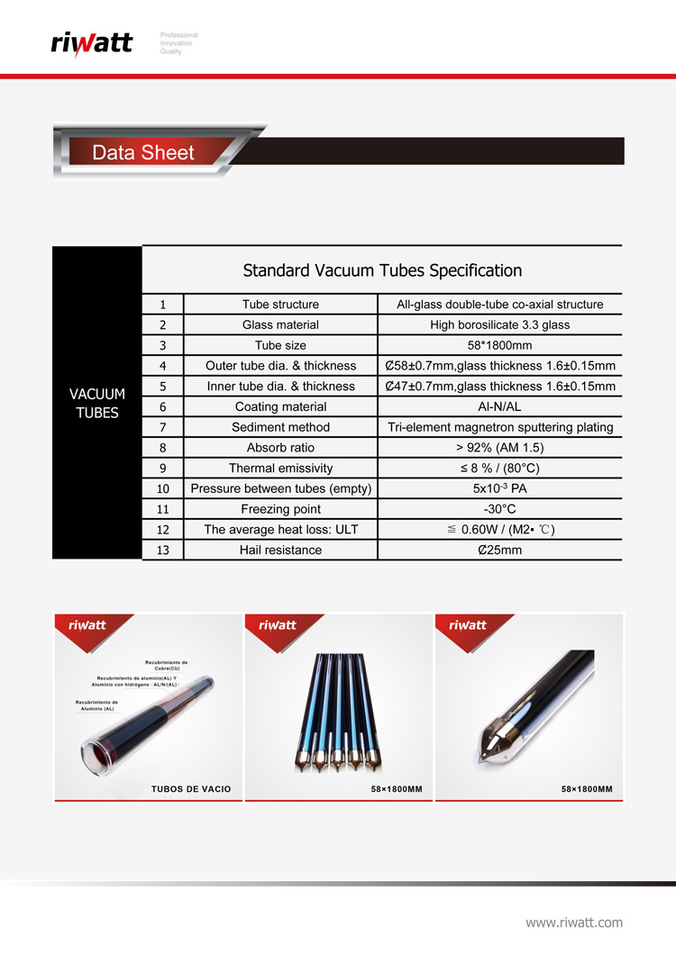 solar water heater vacuum tubes specification